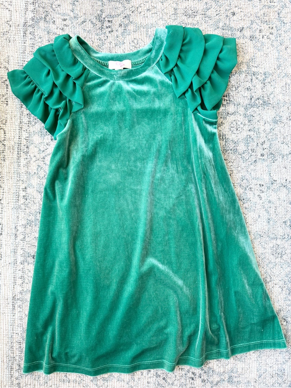 GB Girls Emerald Green Velvet Dress with Ruffled Sleeves